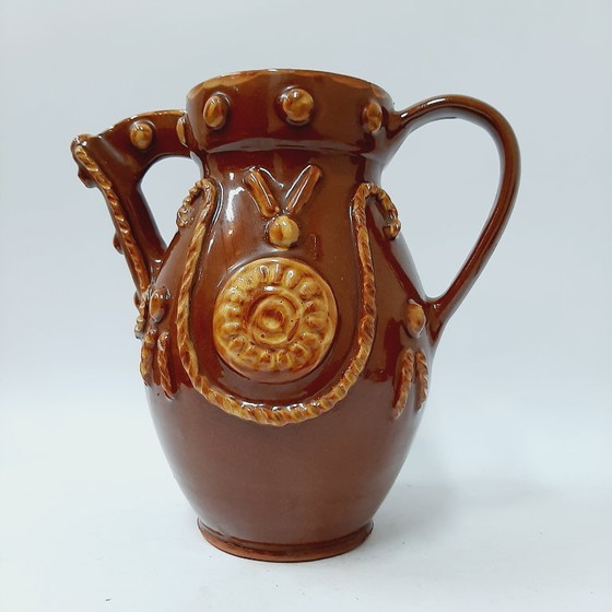 Image 1 of Großer, antiker, braun glasierter Keramikkrug