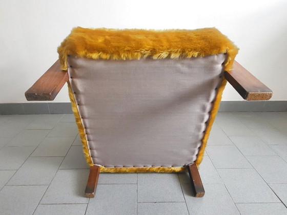 Image 1 of Vintage fauteuil uit de jaren 40, eikenhout en okerkleurig synthetisch bont, DLG Jean Royère, jaren 40