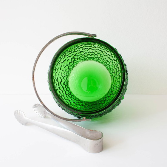 Image 1 of Vintage Green Set of 6 Cocktail bubble glasses, ice bucket and ice clamps, 1970's