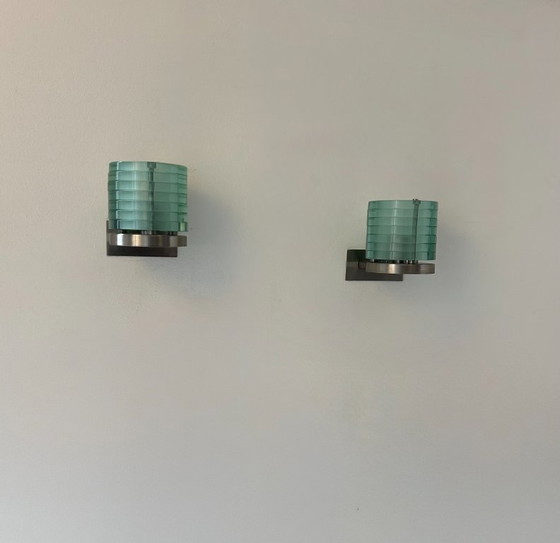 Image 1 of Coppia di lampade da parete vintage postmoderne, in vetro e metallo, Belgio, 1990