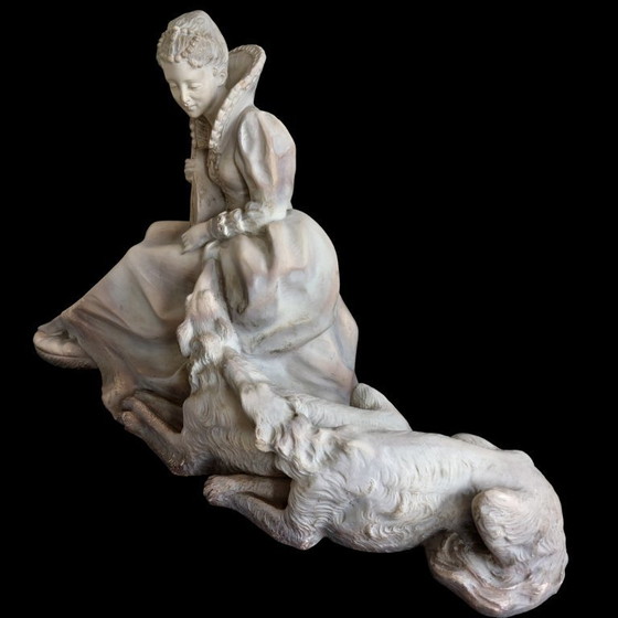 Image 1 of Art Deco sculpture of a seated lady with dogs