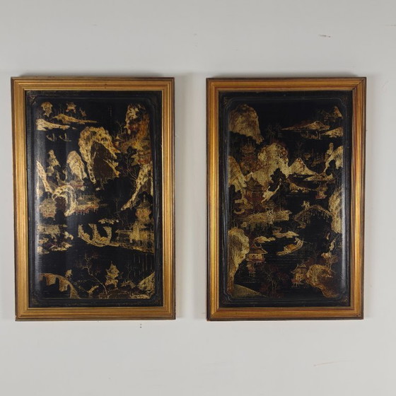 Image 1 of Impresionante par de paneles de estilo chinoiserie del siglo XIX con marcos dorados.