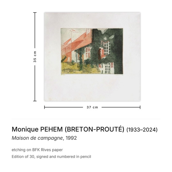 Monique Pehem (Breton-Prouté) signierte Radierung Maison De Campagne 1992 – Lithographien & Drucke, Paper (photo 3 of 5)