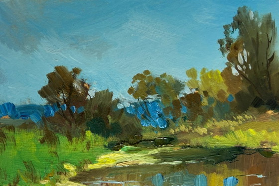 Image 1 of Original Oil Painting Summer River Landscape Summer in green banks