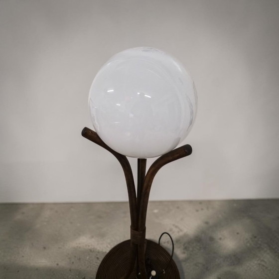 Mid-Century Bamboo Floor Light with Opal Glass Sphere, circa 1970s, Rattan, Brown, Vintage (photo 2 of 10)
