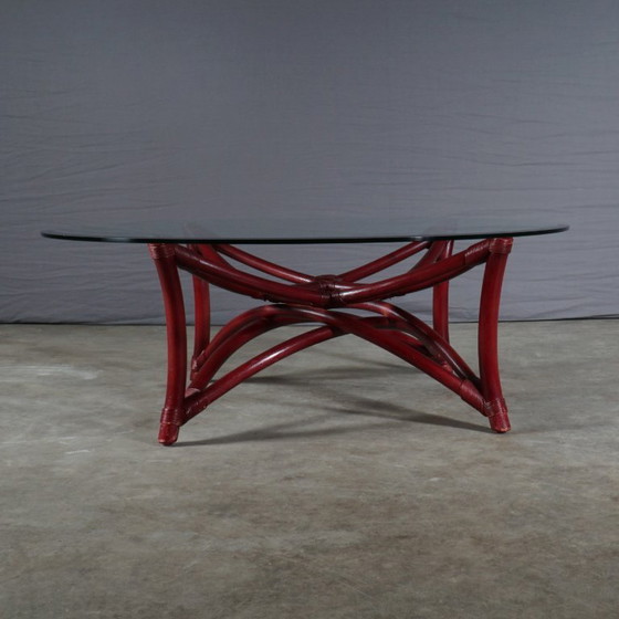 Image 1 of Tavolino da caffè vintage in bambù/manou con piano in vetro – anni '80