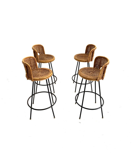 Set Van 4 Vintage Barkrukken, Rotan & Smeedijzer ‘60 – Rattan, Wicker (photo 9 of 10)