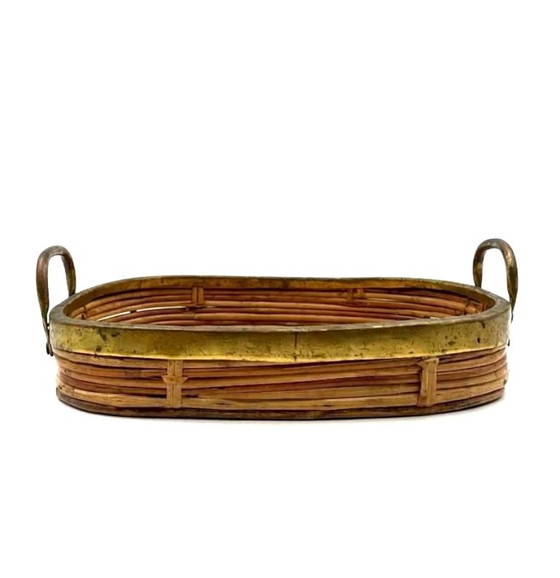 Mid-century set of 3 brass and wicker bowls, Italy ca. 1970, Decorative Objects, Rattan, Brown, Vintage (photo 6 of 10)