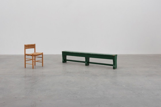 Image 1 of Panca rustica primitiva verde in rovere massiccio, Francia ca. 1900