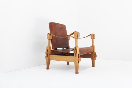 Vintage brutalist leren safari fauteuil 1960s
