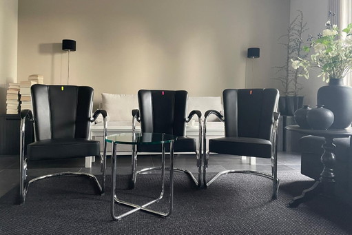 Set Dutch Originals 3x Gispen Stoel 412 Zwart Leer und 1x Gispen GT 413 Bijzettafel Glas – fauteuils, Leather