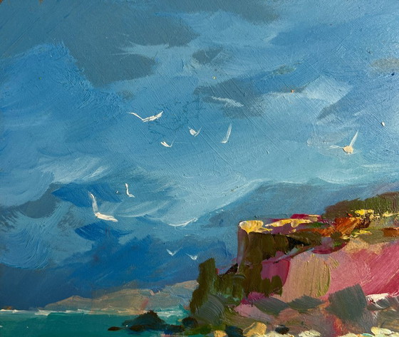 Image 1 of Original Oil Painting Coastal Mountain Landscape After the sea storm
