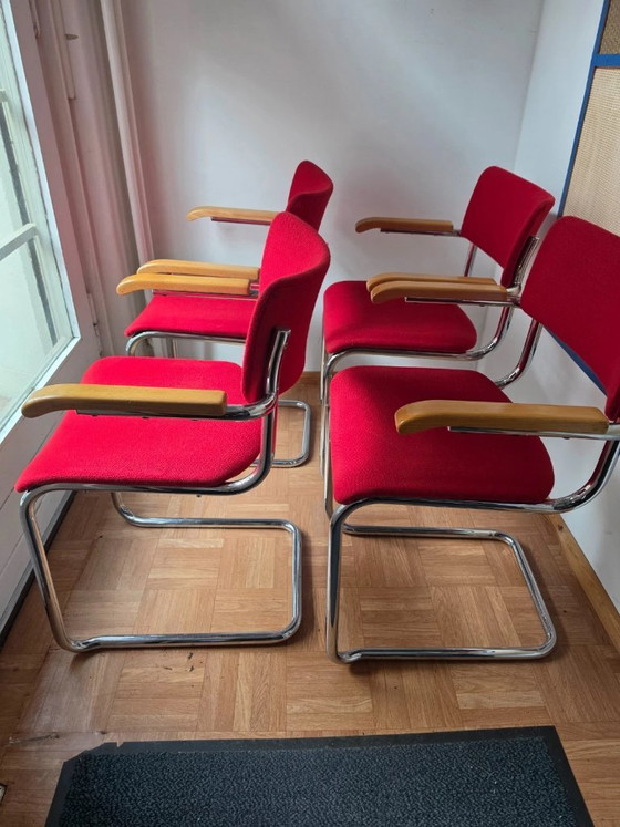 4 original Thonet S 43 armchairs by Mart Stam – Red – Dining chairs, Chrome (photo 3 of 8)