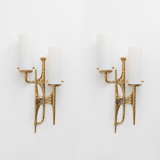 Pair of Brutalist Bronze Wall and Murano glass Sconces by Felix Agostini, 1990s