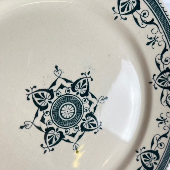 Image 1 of Set van 8 "Admiral" dessertborden van ijzersteen, Creil & Montereau, groenblauw, eind 19e eeuw