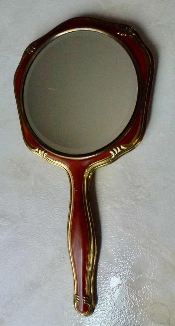 Image 1 of Vintage handspiegel, Facet geslepen, Duitsland, messing met celluloid.