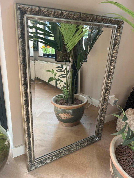 Facetgeslepen spiegel met zilverkleurige rand