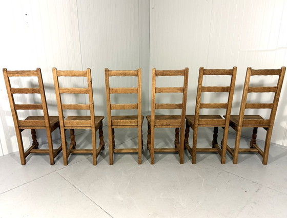 Image 1 of 6 sillas de comedor rústicas antiguas de roble con respaldo alto, década de 1900