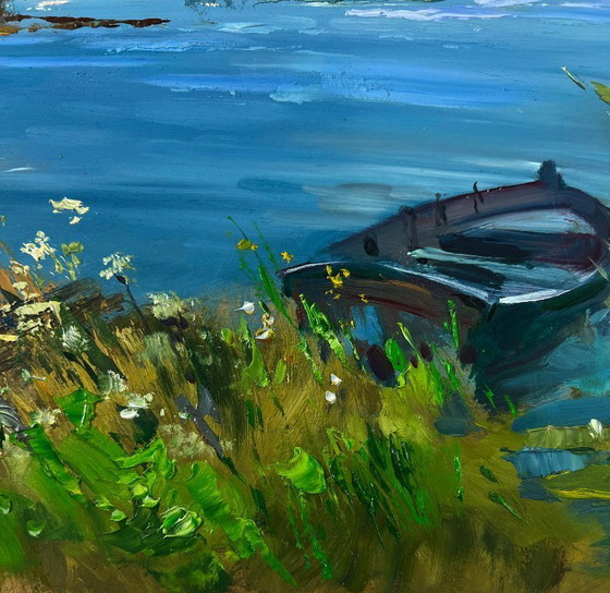 Image 1 of Original Oil Painting Summer Coastal Landscape A lonely boat on the river bank