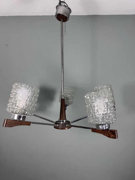 Vintage Mid-Century Kroonluchter Teak Met Glazen Kapjes