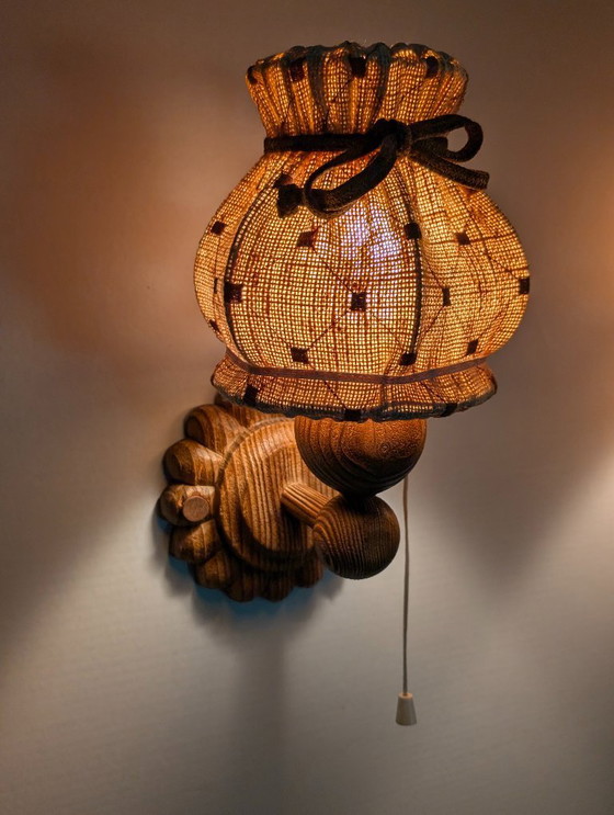 Image 1 of Carved Pine Wall Sconces with Jute Shades, Swedish Design, 1970s