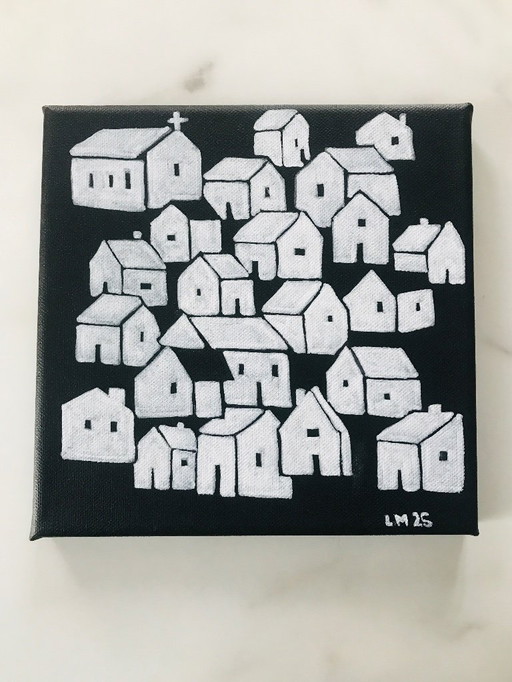 Decorative Painting of Naïve White Houses on a Black Background