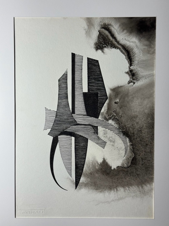 Eugène Eechaut (1928-2019) - inktcompositie, 1973, ingelijst – Schilderijen & Tekeningen, Mdf, Papier (photo 5 of 15)