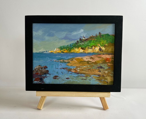 Original Oil Painting Sea Coastal Landscape Silence at the foot of the mountains