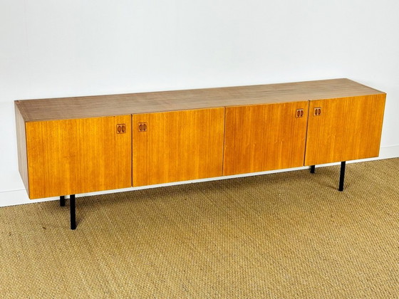 Image 1 of Minimalist Scandinavian sideboard in teak with black metal legs, 1960