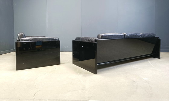 Image 1 of Ensemble de canapés vintage en laque et cuir par Kazuhide Takahama pour Studio Simon, 1970