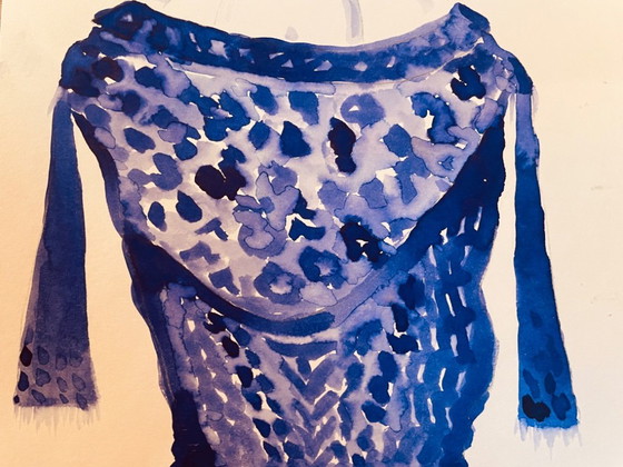 Image 1 of Monochrome Watercolor Indigo Blue Portrait of a Woman "Japan Denim"