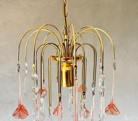 Vintage pink flower kroonluchter – Glass, Brass (photo 6 of 9)