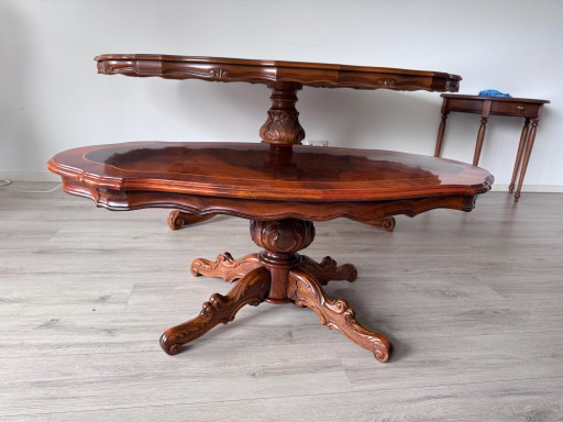 Ensemble de tables classiques exclusif – table à manger et table basse – placage de ronce de noyer et marqueterie