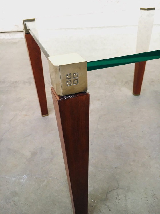 Image 1 of Tavolino laterale in ottone, legno e vetro dal design modernista di Peter Ghyczy, anni '80
