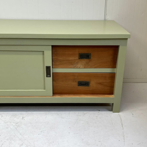 Image 1 of Restyle massief teakhout TVkast meubel dressoir olijfgroen