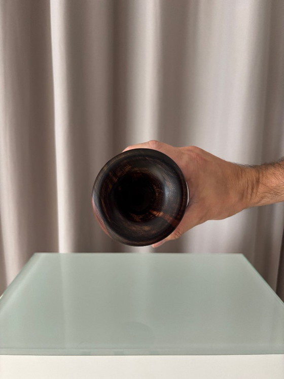 Vintage Sculptural Turned Wood Vase – Dark Hardwood – 20 cm – Artisan (photo 9 of 11)
