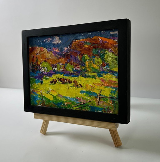 Original Oil Painting Summer Nature Landscape Meadows Near the Mountains – schilderijen tekeningen, Canvas (photo 2 of 8)