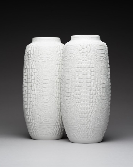 Image 1 of XL Manfred Frey Kaiser Bisque Porcelain Vase Crocodile Reptile Relief Op-Art Duo
