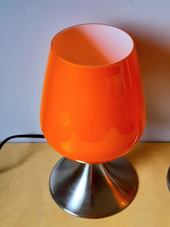 Image 1 of Pair of space age lamps in orange opaline glass and chrome-plated metal