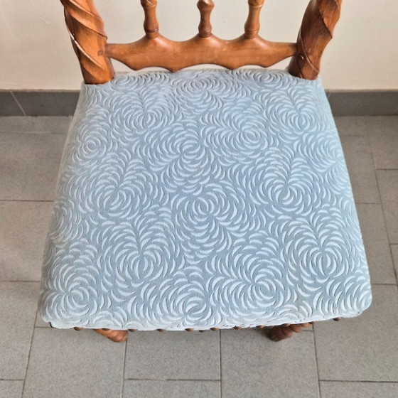 Image 1 of Handcrafted vintage chair from the 1950s in carved wood and velvet, 1950s folk art