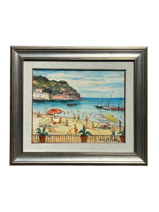Oil Painting on Canvas 'At the Beach' by Mario Cortiello, 1960s – schilderijen tekeningen