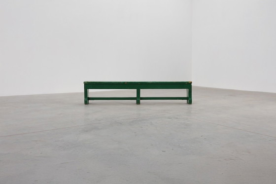 Image 1 of Panca rustica primitiva verde in rovere massiccio, Francia ca. 1900