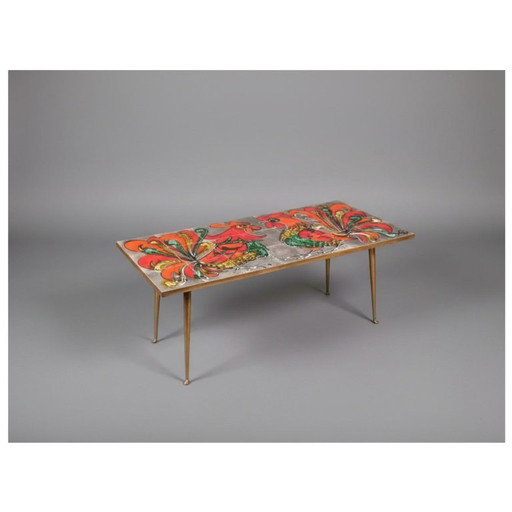 Vintage Juliette Belarti ceramic tile coffee table with rooster motif