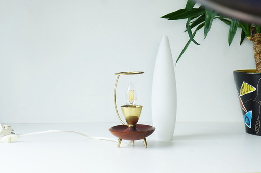 Vintage Dreibein Tischlampe Philips 1960er Jahre, Messing Teak Opalglas Rocket Lamp