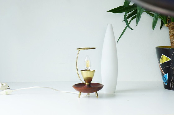 Image 1 of Vintage Philips tripod table lamp, 1960s, brass, teak, opal glass, Rocket Lamp