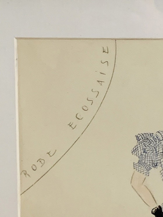 Image 1 of Mid-Century, Signed, Framed, “Robe Ecossaise” Pencil Sketch on Paper by Berthe Duquaine, 1950's