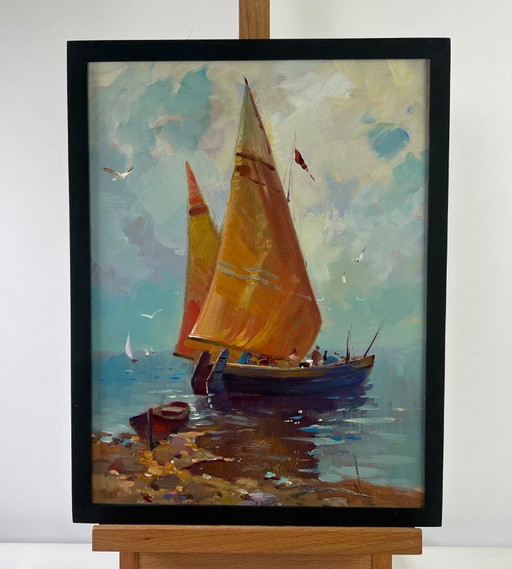 Pintura al óleo original Paisaje costero marino Barco solitario en las olas