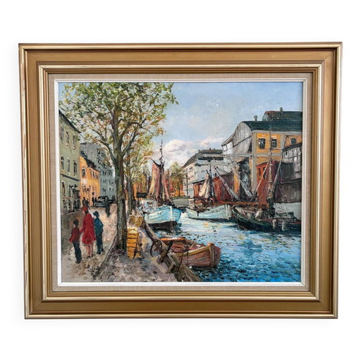 Peinture à l'huile originale d'époque représentant un paysage urbain bordé de canaux, datant des années 1970.