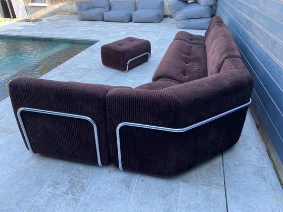 Image 1 of Divano da salotto modulare poltrona poggiapiedi stile Bauhaus in velluto a coste marrone e cromo vintage 1970