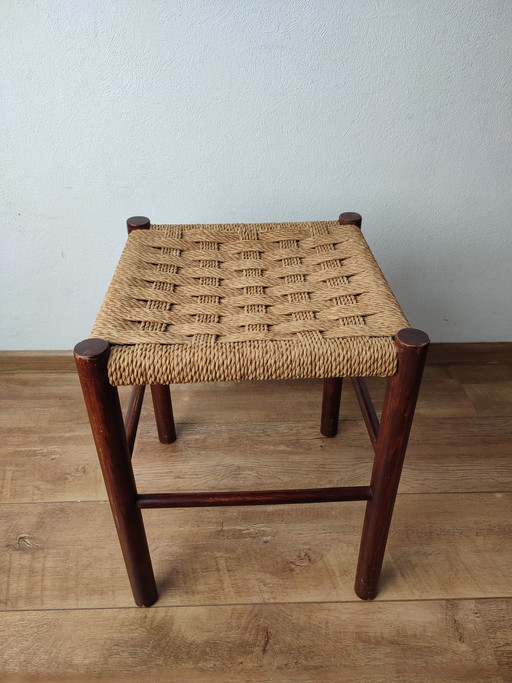 Tabouret vintage des années 70, style danois, en sisal tressé et bois.